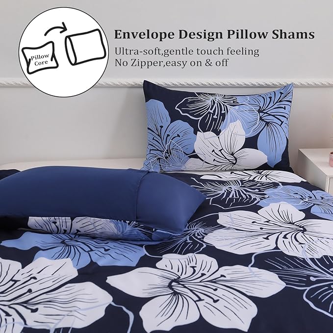 Menghomeus Full Comforter Set Navy Blue Floral Bedding Comforter Sets - Soft Microfiber Bed Comforter Set for All Season 3 Piece Botanical Flowers Comforter, Pillowcases