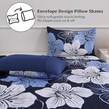 Menghomeus Queen Comforter Set Navy Blue Floral Bedding Comforter Sets - Soft Microfiber Bed Comforter Set for All Season, 3 Piece Botanical Flowers Comforter, Pillowcases