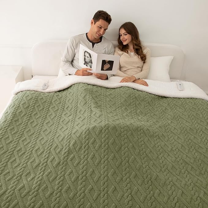 Queen Size Heated Blanket 84"X90" Green - Soft Thick Warm Sherpa Electric Blanket for Winter with Dual Control, 5 Fast Heating Levels & 10hrs Auto Off, Washable & ETL Certified for Bed