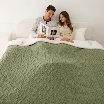Queen Size Heated Blanket 84"X90" Green - Soft Thick Warm Sherpa Electric Blanket for Winter with Dual Control, 5 Fast Heating Levels & 10hrs Auto Off, Washable & ETL Certified for Bed