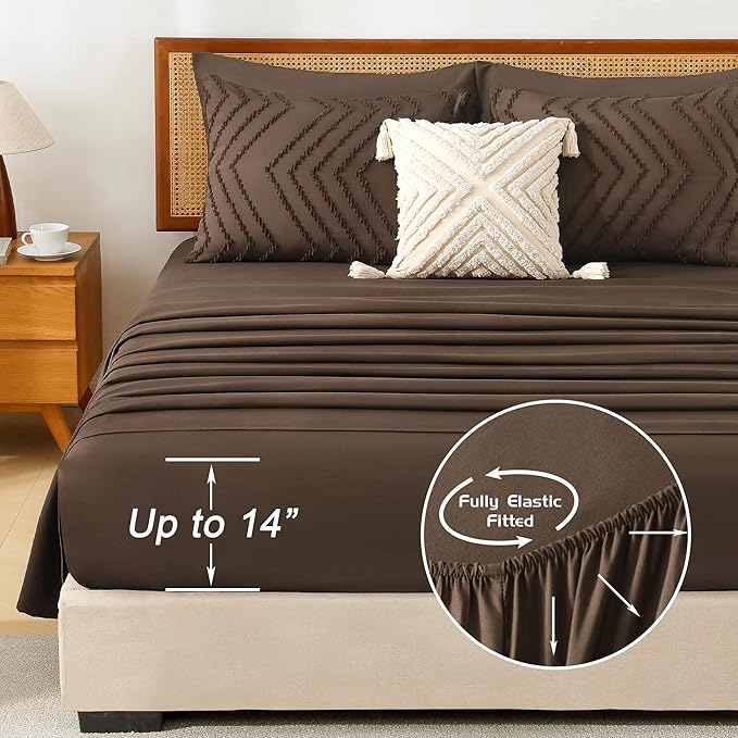 Litanika Oversized Queen Size Comforter Set with Sheets Brown - 7 Pieces Bed in a Bag Oversized Queen Boho Tufted Complete Bedding Sets with Comforter, Sheets, Pillowcases & Shams