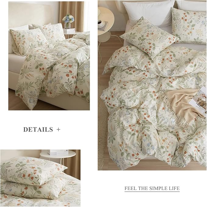 mixinni Vibrant Colored Comforter Set Queen Size, Farmhouse Bedding Sets Fluffy Soft Fresh Flowers Green Leaves All Season 3 Pieces Cute Floral Bedding Comforter Set for Women