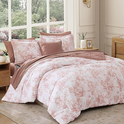 King Comforter Set -7 Pieces Pink Floral Comforter Set for All Seasons, Bed in a Bag King with Botanical Flowers Comforter, Sheets, Pillowcases & Shams