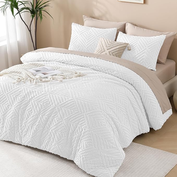 Andency White Oversized King Comforter 120"x120", 3 Pieces White Super King Boho Bedding Set & Collections, Farmhouse Tufted Fluffy Bed Set (1 Comforter, 2 Pillowcases)