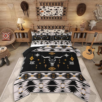 Erosebridal Western Bull Skull Bedding Set Boho Southwestern Aztec Comforter Set Toddler Size for Boys Teens Men, Ethnic American Native Duvet Insert Farmhouse Rustic Tribal Quilt 2 Piece, Black Grey