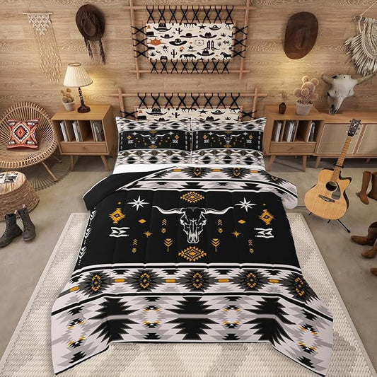 Erosebridal Western Bull Skull Bedding Set Boho Southwestern Aztec Comforter Set Toddler Size for Boys Teens Men, Ethnic American Native Duvet Insert Farmhouse Rustic Tribal Quilt 2 Piece, Black Grey