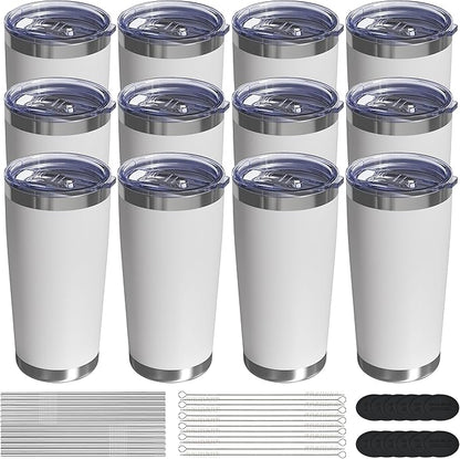 Travel Coffee Tumbler 20oz, 12 Pack Leakproof Travel Coffee Mug with Lid and Straw, Stainless Steel Double Wall Vacuum Insulated Tumbler for Hot/Iced Drinks (Textured Matte, White)