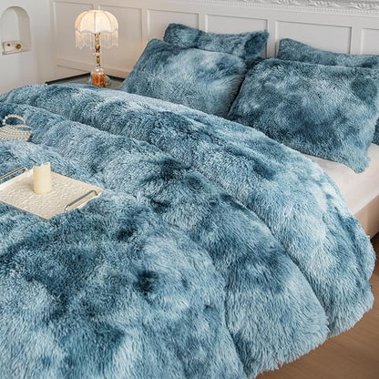 chovy Faux Fur Plush Tie-Dyed Blue White Comforter Set Twin/Full Size - Ultra Soft Shaggy Flannel Velvet Fluffy Fuzzy 3PC Bedding Set (Comforter x 1 Pillowcases x 2)