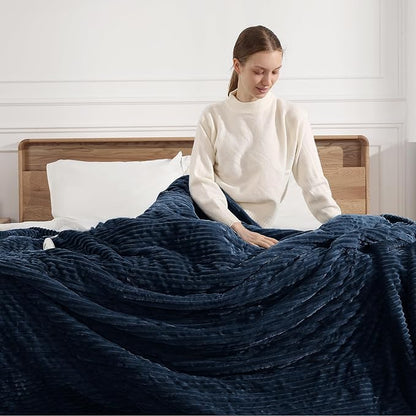 Electric Blanket Twin Heated Blanket 62"x84" Striped Flannel & Thick Sherpa, 5 Heat Settings & 10 Hour Auto Off with FCC/ETL Certified, Overheat Protection & Machine Washable, Navy Blue