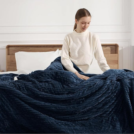 Electric Blanket Twin Heated Blanket 62"x84" Striped Flannel & Thick Sherpa, 5 Heat Settings & 10 Hour Auto Off with FCC/ETL Certified, Overheat Protection & Machine Washable, Navy Blue