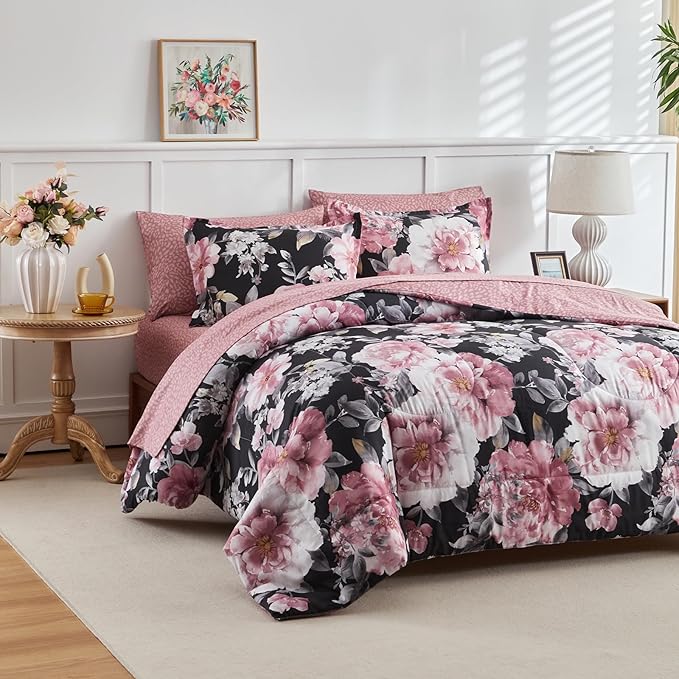 Joyreap 3pcs Floral Comforter Set Full/Queen, Pink Flowers on Black Design, Microfiber Lightweight Bedding Comforter Set for All Season- 88x88 inches