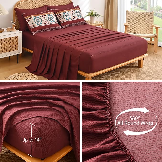 Anibedding Red Comforter Set Queen 7 Pieces Boho Bed in a Bag, Burgundy Aztec Striped Comforter Set with Sheets, Soft Microfiber Reversible Western Bedding Set for All Season