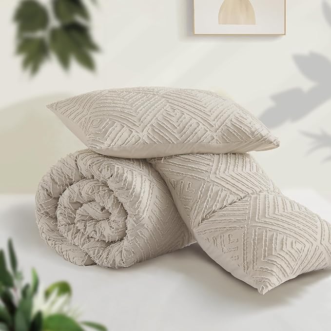 Andency Oversized King Comforter 128''x120'', 3 Pieces Oatmeal Boho Bedding Set & Collections, All Season Soft Farmhouse Tufted Fluffy Bed Set (1 Comforter, 2 Pillowcases)