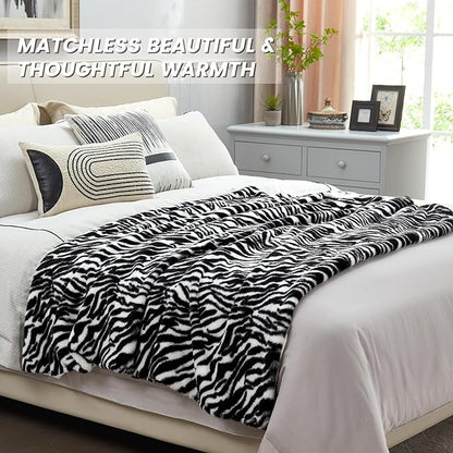 JONIYEAR Fuzzy Zebra Print Faux Rabbit Fur Blanket Twin Size 60" x 70",Double Sided Soft Thick Warm Shaagy Fluffy Blankets for Winter, Oversized Cozy Plush Animal Blanket for Women, White and Black