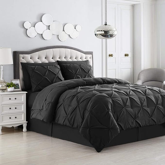 Comforter Set 8 Piece Bed in a Bag Design, Bed Sheets, 2 Pillowcases, & 2 Shams Down Alternative All Season Warmth, Queen, Pintuck Black, (Pack of 3)