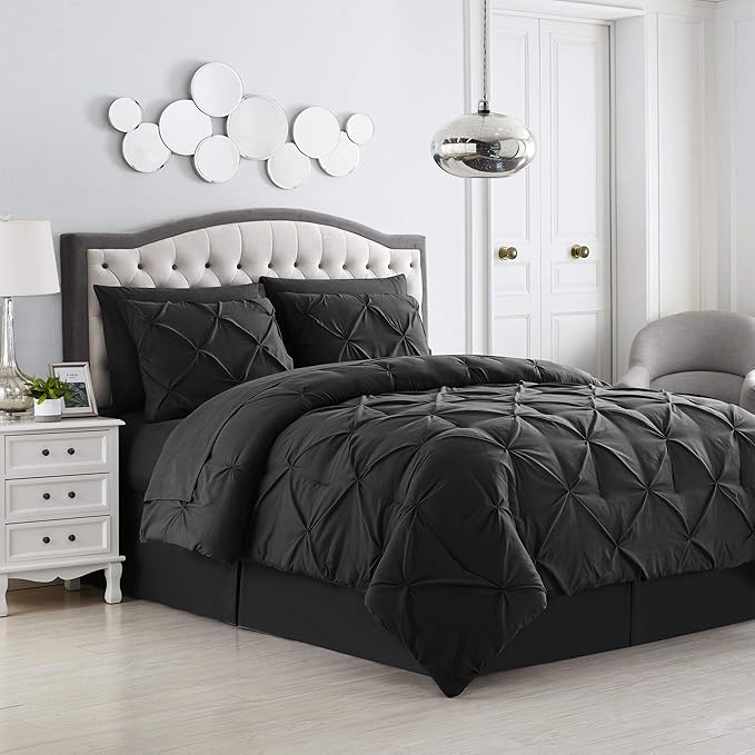 King Size Comforter Set 8 Piece Bed in a Bag with Bed Skirt, Fitted Sheet, Flat Sheet, 2 Pillowcases, 2 Pillow Shams, King, Pintuck Black