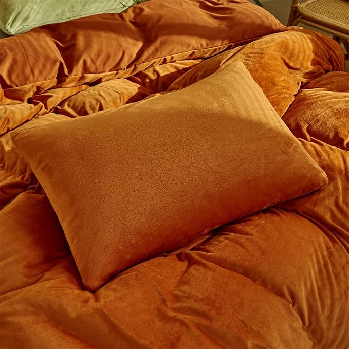 Pureant Burnt Orange Fluffy Comforter Set Queen Rust Velvet Bedding Comforter Sets for Women Girls Solid Terracotta Flannel Blankets Plain Rust Caramel Queen Size Comforter Modern Reddish Brown Bed