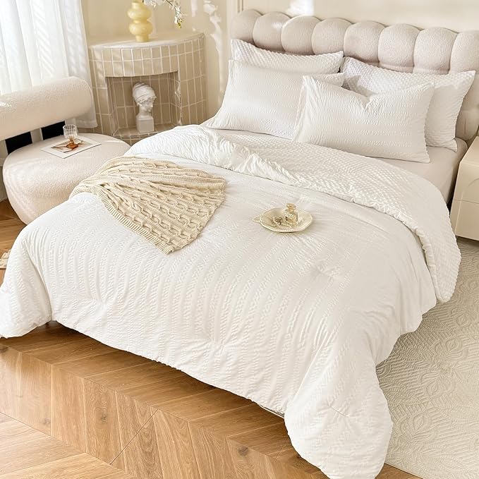 Boho Comforter Set Full Size Striped Pleats Bohemian Seersucker Bedding Set All Season Soft Cozy 3 Pieces Quilt with 2 Pillowcases(80"X90" White)