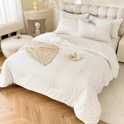 Boho Comforter Set Queen Size Striped Pleats Bohemian Seersucker Bedding Set All Season Soft Cozy 3 Pieces Quilt with 2 Pillowcases(90"X90" White)