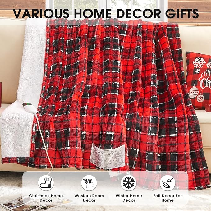 OCTROT Red Christmas Heated Blanket Electric Throw 50X60, Heating Throw Gift with 10 Heating Levels & 8 Hours Auto Off, Plaid Checkered Sherpa Blanket Warmer for Adults, Couch Bed Office Use