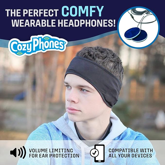 CozyPhones Sleep Headphones - Over Ear Headphones from Ultra Thin Cool Mesh Wired for Side Sleepers, Meditation, Running, Laptop, and Phone - Black with Blue Liner