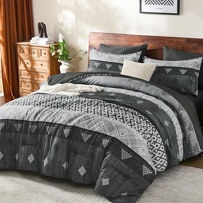 Xruibed Grey King Comforter Set 7 Pieces, Gray Boho Striped Bed in a Bag King Size Soft Microfiber All Season Bedding Set with Comforter, Sheets, Pillowcases & Shams(104"×90")