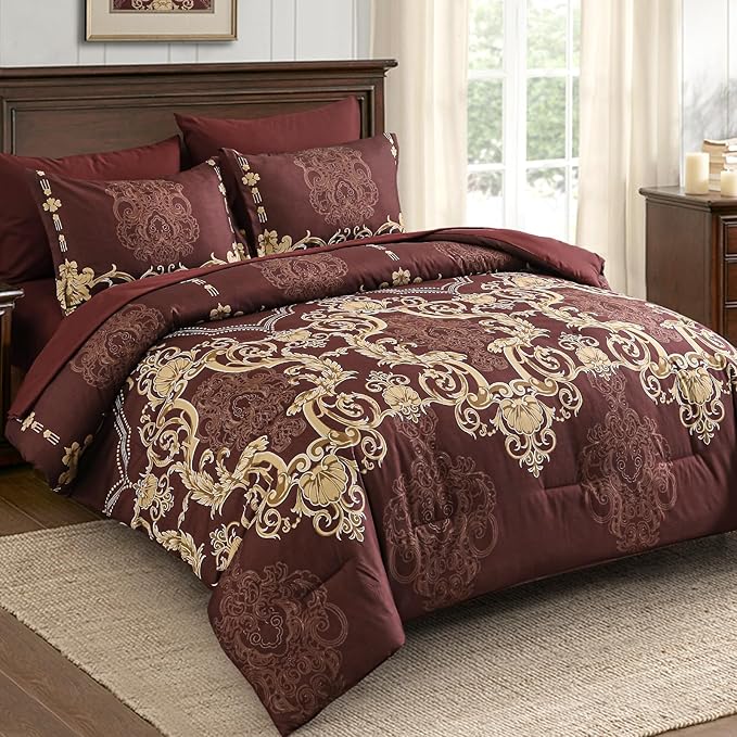 Mybedsoul 7 Pieces Burgundy Comforter Set King Size, Damask Bed in a Bag for King Bed, Lightweight Microfiber Boho Bedding Sets with Comforter, Sheet, Pillowcases & Shams for All Season(90"x104")