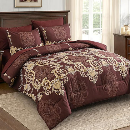 Mybedsoul 7 Pieces Burgundy Comforter Set King Size, Damask Bed in a Bag for King Bed, Lightweight Microfiber Boho Bedding Sets with Comforter, Sheet, Pillowcases & Shams for All Season(90"x104")