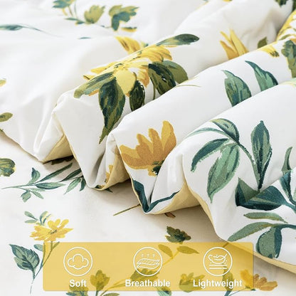 Floral Queen Comforter Set with Sheets, 7 Piece Luxury Vintage Bedding, Soft Microfiber Bed in a Bag, Cozy Lightweight Bed Set, Yellow Flower Green Leaves
