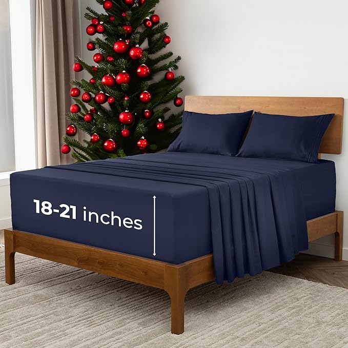 Mellanni Extra Deep California King Sheets - 4 PC Iconic Collection Bedding - Hotel Luxury, Ultra Soft, Cooling Bed Sheets - Wrinkle, Fade, Stain Resistant (Cal King, Navy Blue)