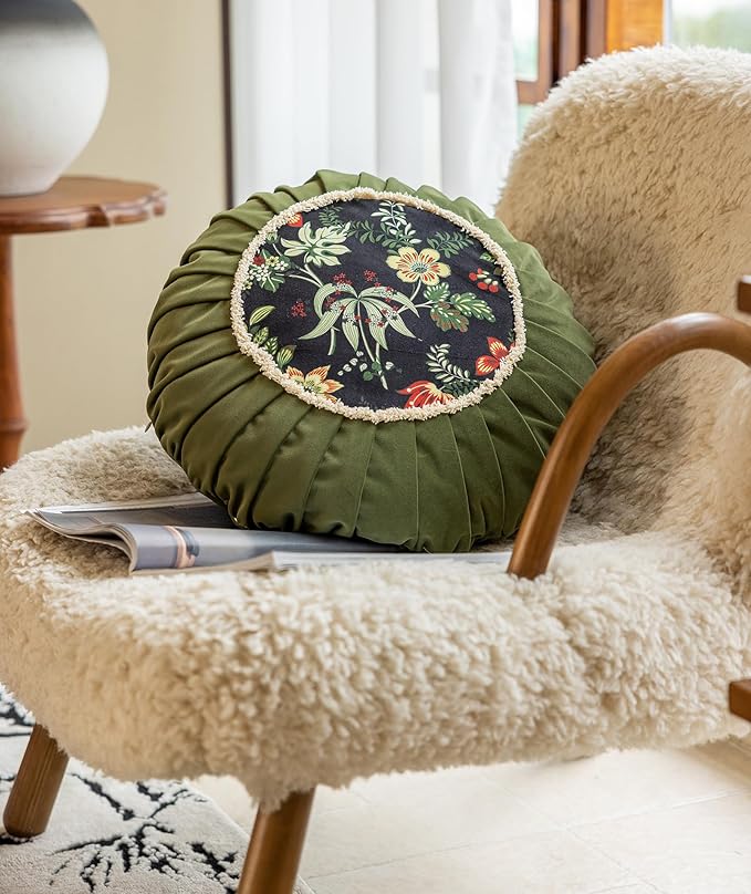vctops Round Throw Pillow with Zipper Vintage Spring Floral Pillow Cushion Soft Velvet Pleated Throw Pillows for Couch Chair Bed Car (Green,18")