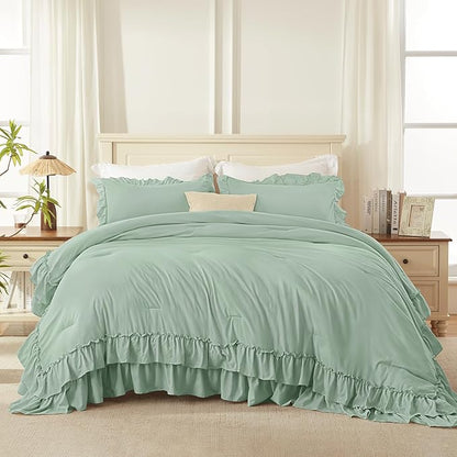 Andency Sage Green California King Comforter Set, 3 Pieces Farmhouse Shabby Chic Bedding Comforter Sets, Lightweight Fluffy Soft Microfiber All Season Bed Set(104x96In Comforter)