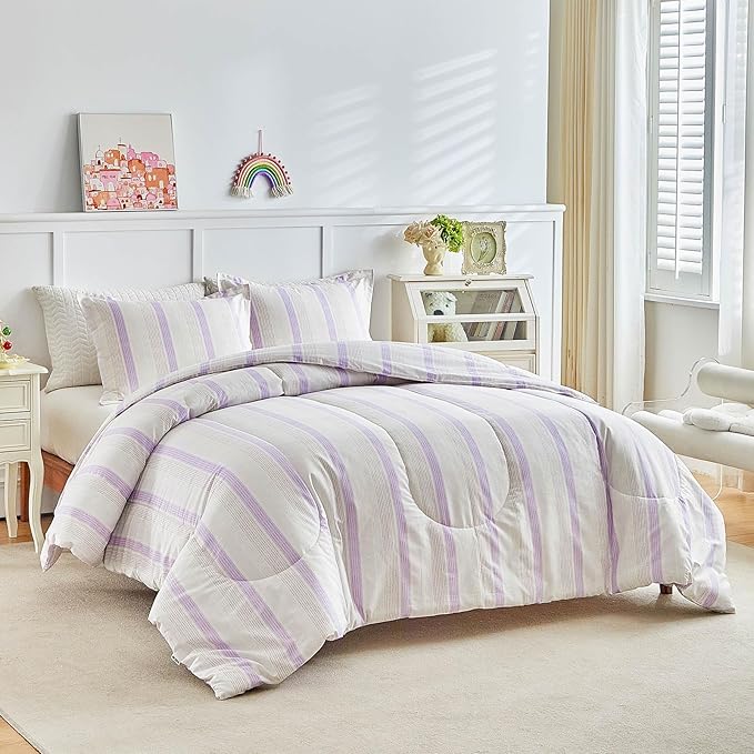 Joyreap 3pcs Cotton Comforter Set Queen, Purple Stripes Stylish Design, Soft Cozy Lightweight Bedding Comforter Set for All Seasons- 88x88 inches