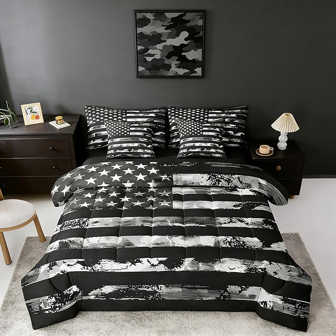 Erosebridal 7 Pcs Black Camo Comforter Set Twin Size,Camouflage American Flag Bed in a Bag with Flat Fitted Sheet for Kids and Adults,Retro USA Flag Bedding Set with Pillowcases and Cushion Cases