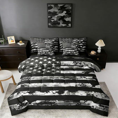 Erosebridal 7 Pcs Black Camo Comforter Set Queen Size,Camouflage American Flag Bed in a Bag with Flat Fitted Sheet for Kids and Adults,Retro USA Flag Bedding Set with Pillowcases and Cushion Cases