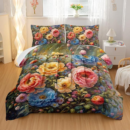 Vintage 3D Flower Floral Comforter Set Full Size 3PCS,Colorful Flowers Pattern Bedding Set for Teen Adult,Floral Themed Room Decor Ultra-Soft Lightweight Microfiber with 2 Pillowcases