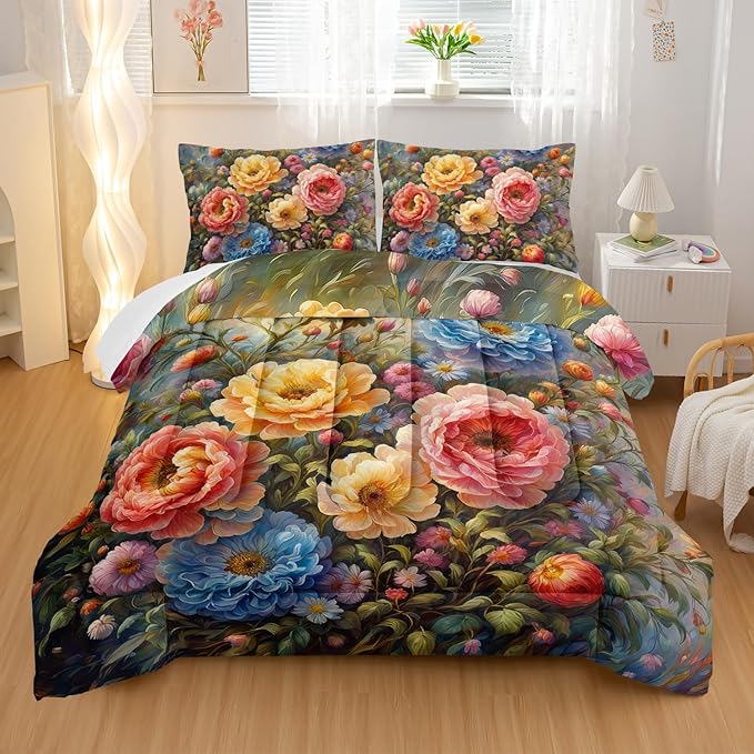 Vintage 3D Flower Floral Comforter Set King Size 3PCS,Colorful Flowers Pattern Bedding Set for Teen Adult,Floral Themed Room Decor Ultra-Soft Lightweight Microfiber with 2 Pillowcases