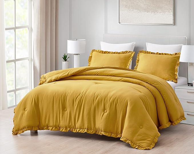 Chezmoi Collection Nora Mustard Yellow Comforter Set King Size 3-Piece Fluffy Soft Lightweight Bedding Ruffled Edge Trim Stone-Washed Microfiber Comforter Set for All Season