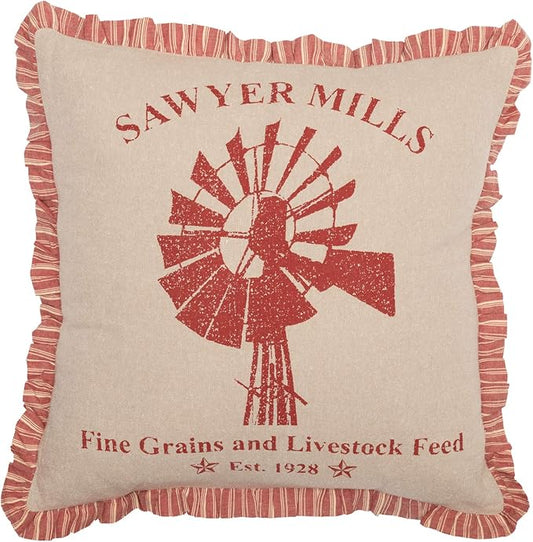 VHC Brands Farmhouse Sawyer Mill Chambray Windmill Square Pillow, Red 18x18