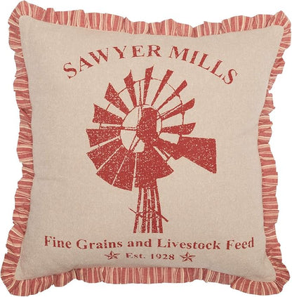 VHC Brands Farmhouse Sawyer Mill Chambray Windmill Square Pillow, Red 18x18