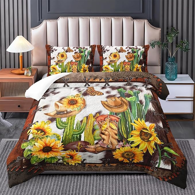 West Comforter Set Queen Size, Brown and White Cow Print 3 Pieces Bedding Set, Western Cowboy Plant Quilts Set Lightweight Soft Microfiber Warm Down Alternative with 2 Pillowcase All Season
