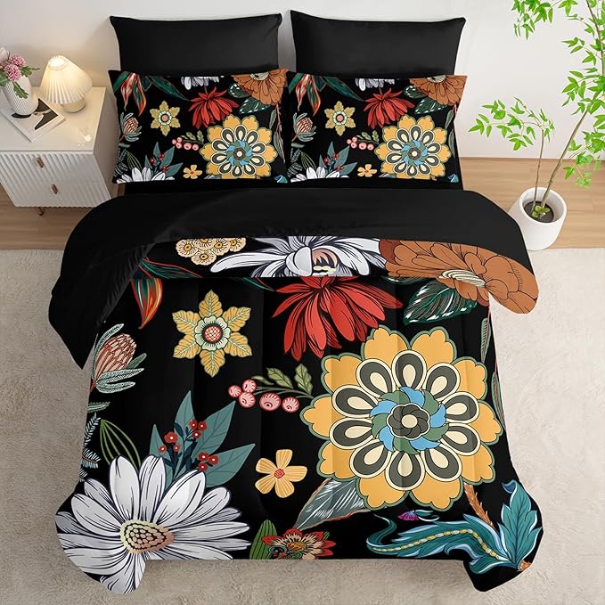 7 Pieces Colorful Floral Comforter Set,Bohemian Botanical Bedding Set Queen Size,Boho Farmhouse Flower Leaves Printed on Black Design,All Season Lightweight Soft Microfiber Bedding Set