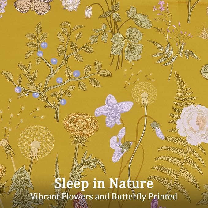 Yiran Queen Comforter Set, 7 Pieces Yellow Floral Soft Bedding Sets, Queen Bed in a Bag with Botanical Flowers All Season Comforter, Sheets, Pillowcases & Shams