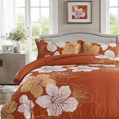 Menghomeus Burnt Orange Comforter Set Full Size Floral Comforter Terracotta Botanical Bedding Sets Soft Microfiber Thanksgiving Bed Comforter Set for All Season (1 Comforter 2 Pillowcases)
