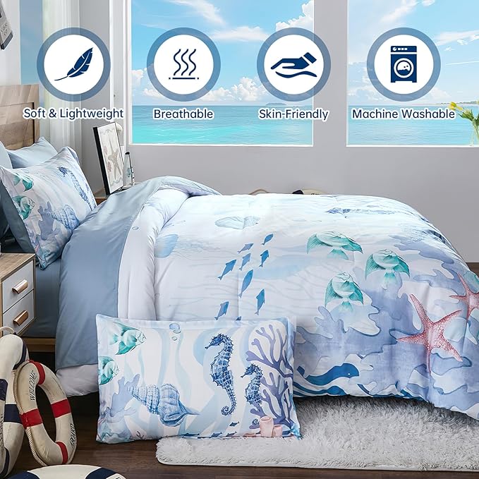 Coastal Comforter Set Queen, Coral Beach Themed Comforters Diving Deep Ocean Bedding with Sheets 7 Pieces Bed in a Bag for Spring Summer House Conch Decor