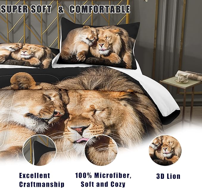 Bodhi Lover Couple Lion Comforter Set Twin Soft Microfiber Lion Bedding Set Twin Size Animal Comforter Set with Pillowcases,1 Comforter+1 Pillow Shams #4004