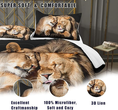 Bodhi Lover Couple Lion Comforter Set King Soft Microfiber Lion Bedding Set King Size Animal Comforter Set with Pillowcases,1 Comforter+2 Pillow Shams #4004