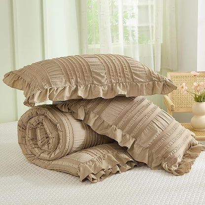 WONGS BEDDING Khaki Comforter Set King,3 Pieces Ruffle Farmhouse Shabby Chic Comforter for King Bed,Soft Textured Boho Bedding Set with 1 Ruffle Comforter,2 Tufted Pillowcases 104"×90"