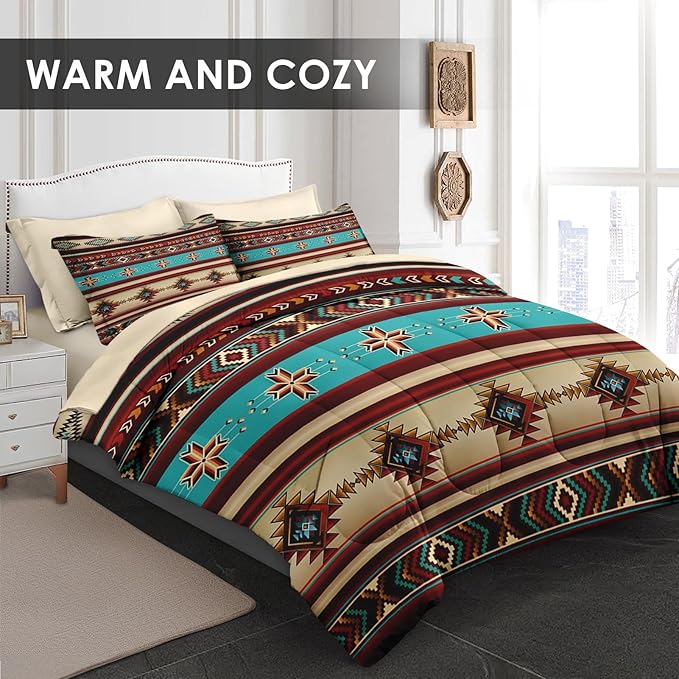 Comforter Set Full Size, African Tribal Ethnic 7 Pcs Bedding for Kids and Adults, Mexican Moroccan Aztec Bed Sheet Sets with Fitted Sheet 2 Pillowcases & 2 Shams for Bedroom Bed Decor