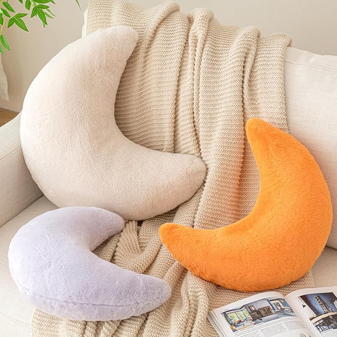Moon Pillow, Decorative Throw Pillows with Soft Faux Rabbit for Bed Couch, Moon Shaped Pillows Plush Floor Cushions Room Decor Pillow for Sofa Bedroom Living Room